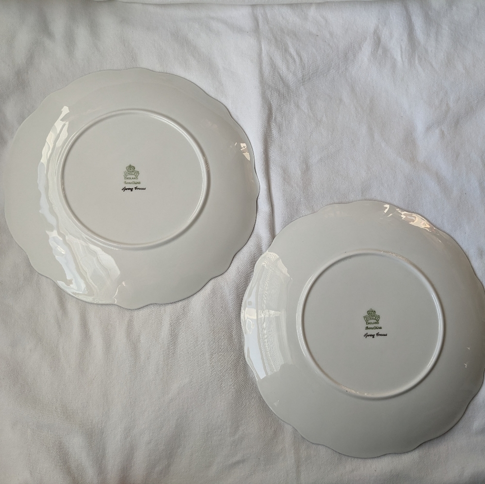 Vintage Aynsley Spring Crocus White Bone China Silver Rim - 2 Dinner Plates - Picture 7 of 10